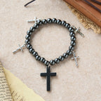Hematite Bead Cross Bracelet with Mini Crucifix Charms