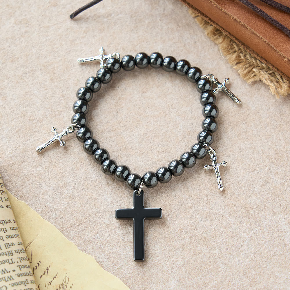 Hematite Bead Cross Bracelet with Mini Crucifix Charms