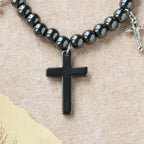 Hematite Bead Cross Bracelet with Mini Crucifix Charms