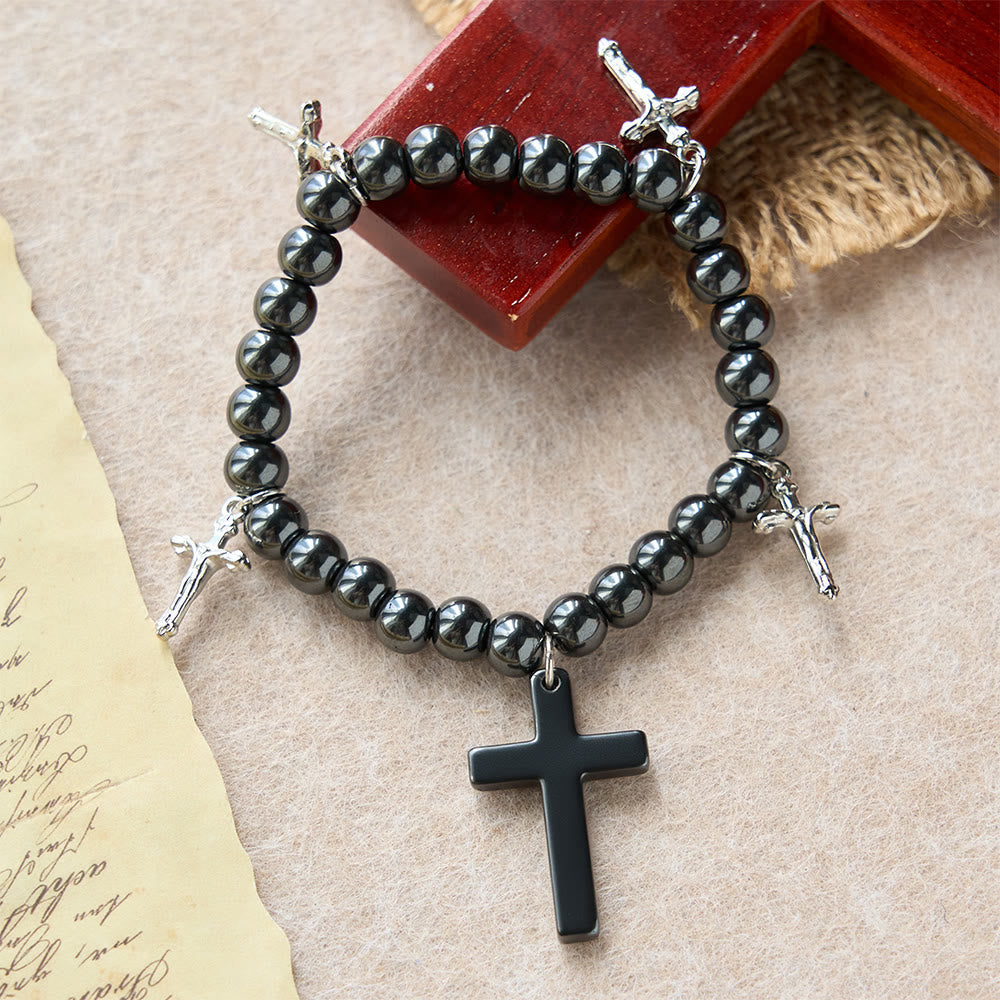 Hematite Bead Cross Bracelet with Mini Crucifix Charms