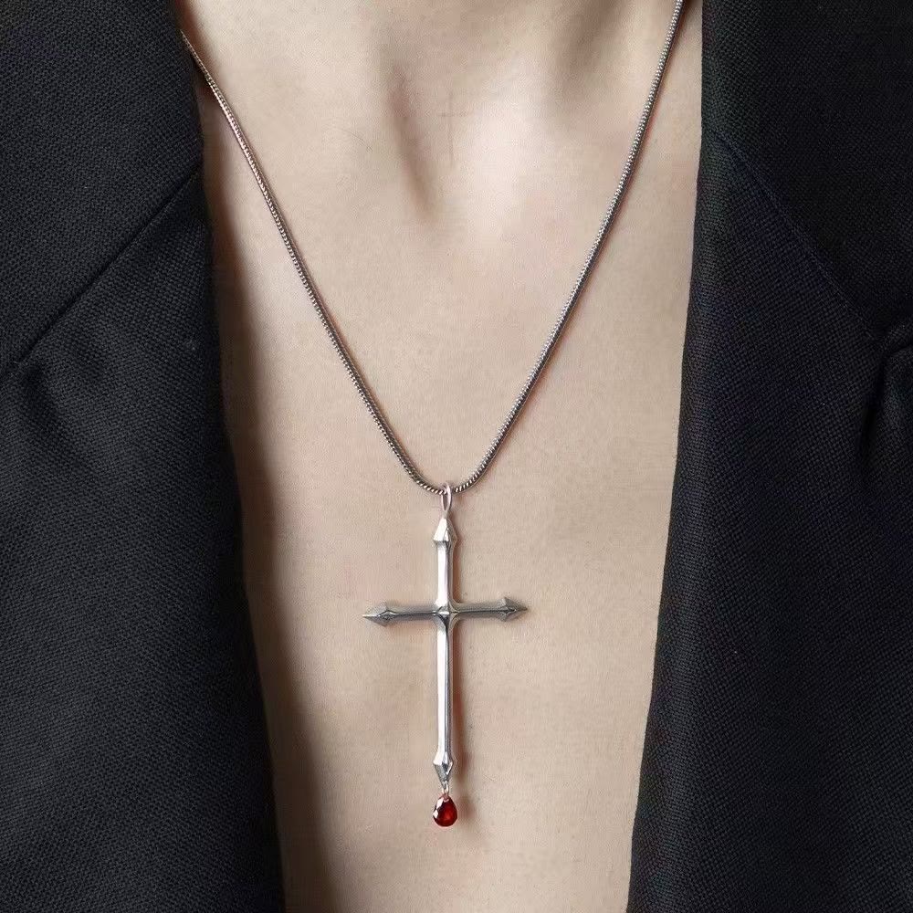 Sword Cross Necklace with Red Zircon Drop