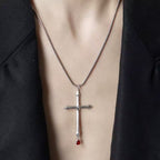 Sword Cross Necklace with Red Zircon Drop