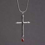 Sword Cross Necklace with Red Zircon Drop