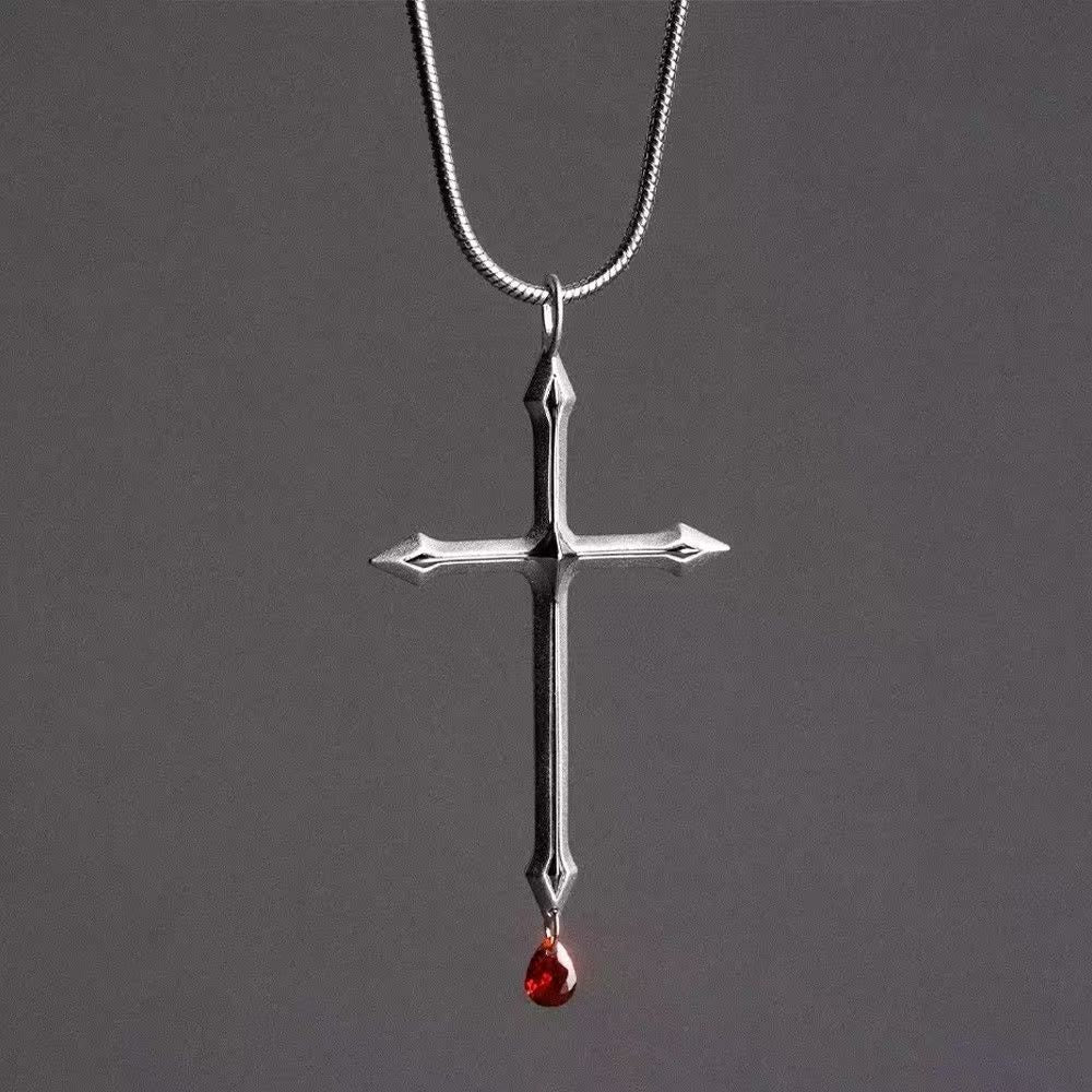 Sword Cross Necklace with Red Zircon Drop