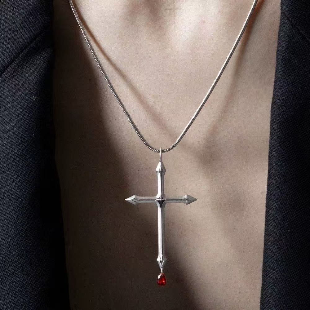 Sword Cross Necklace with Red Zircon Drop
