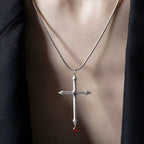 Sword Cross Necklace with Red Zircon Drop