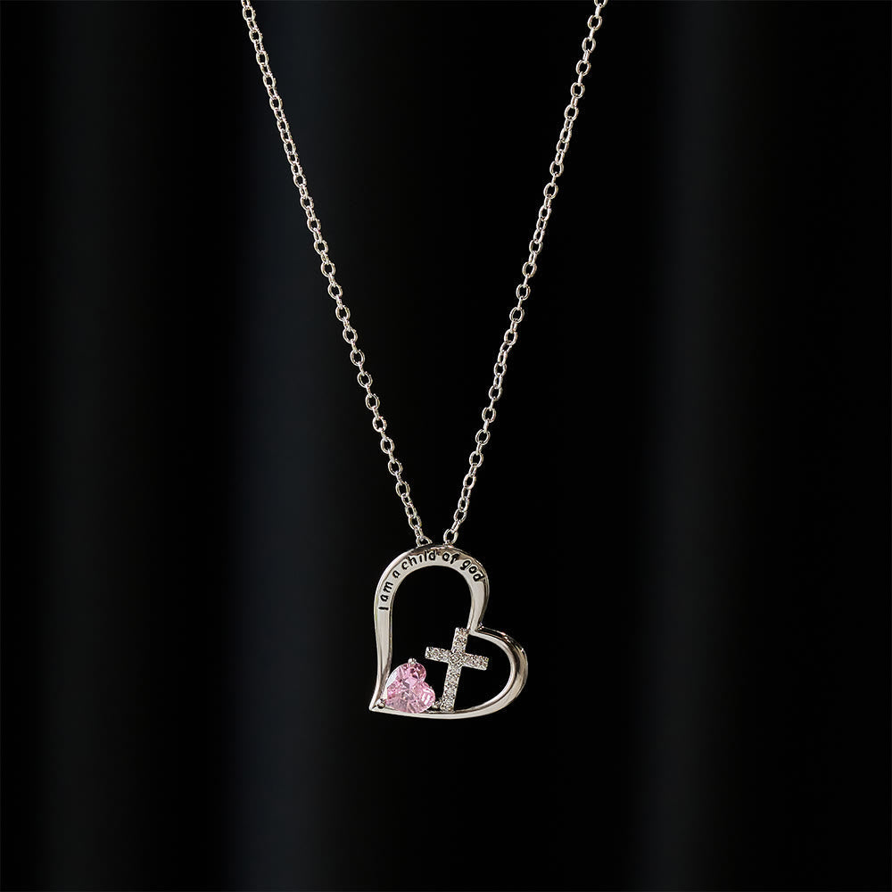 I Am a Child of God Heart Cross Necklace with Zircon Accents
