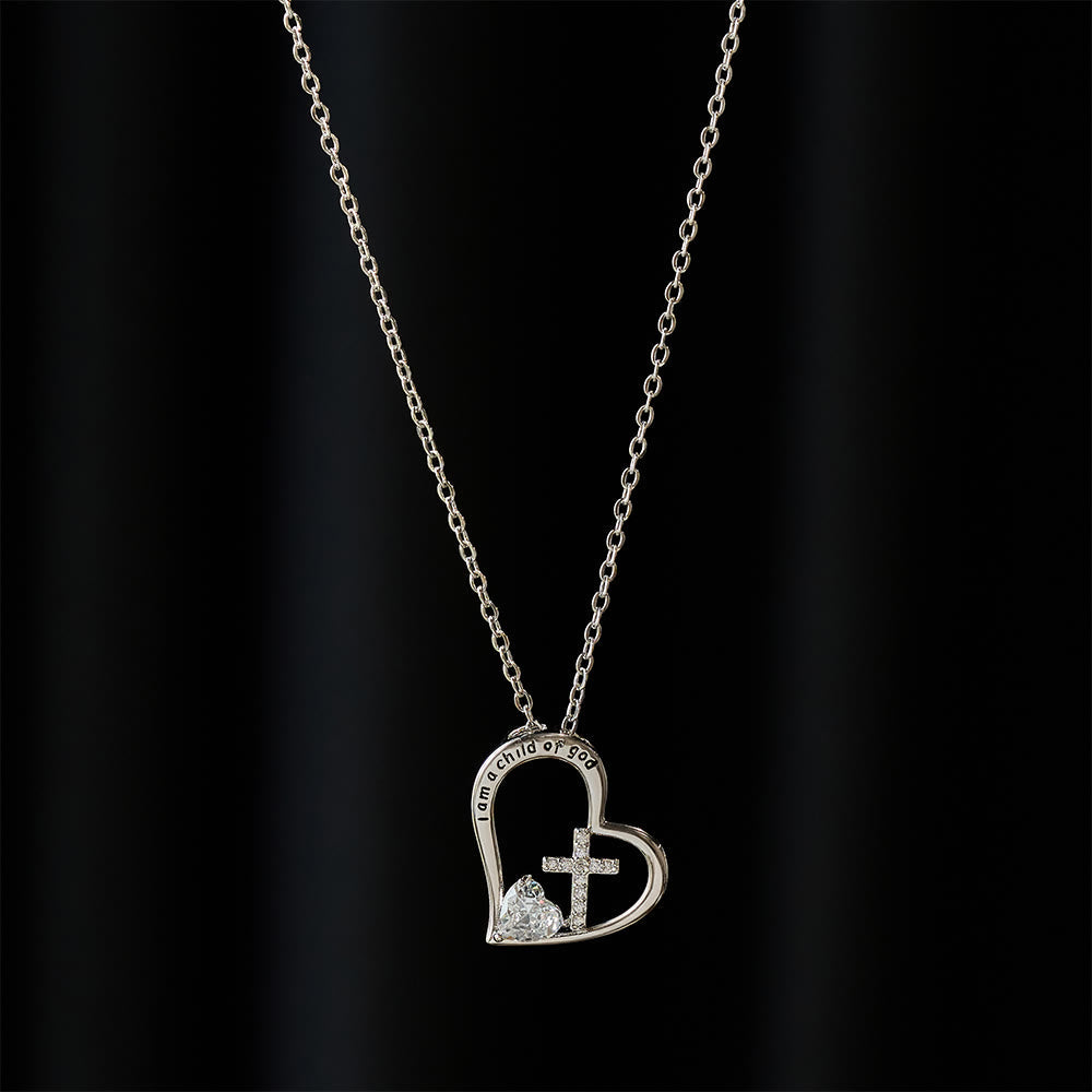I Am a Child of God Heart Cross Necklace with Zircon Accents