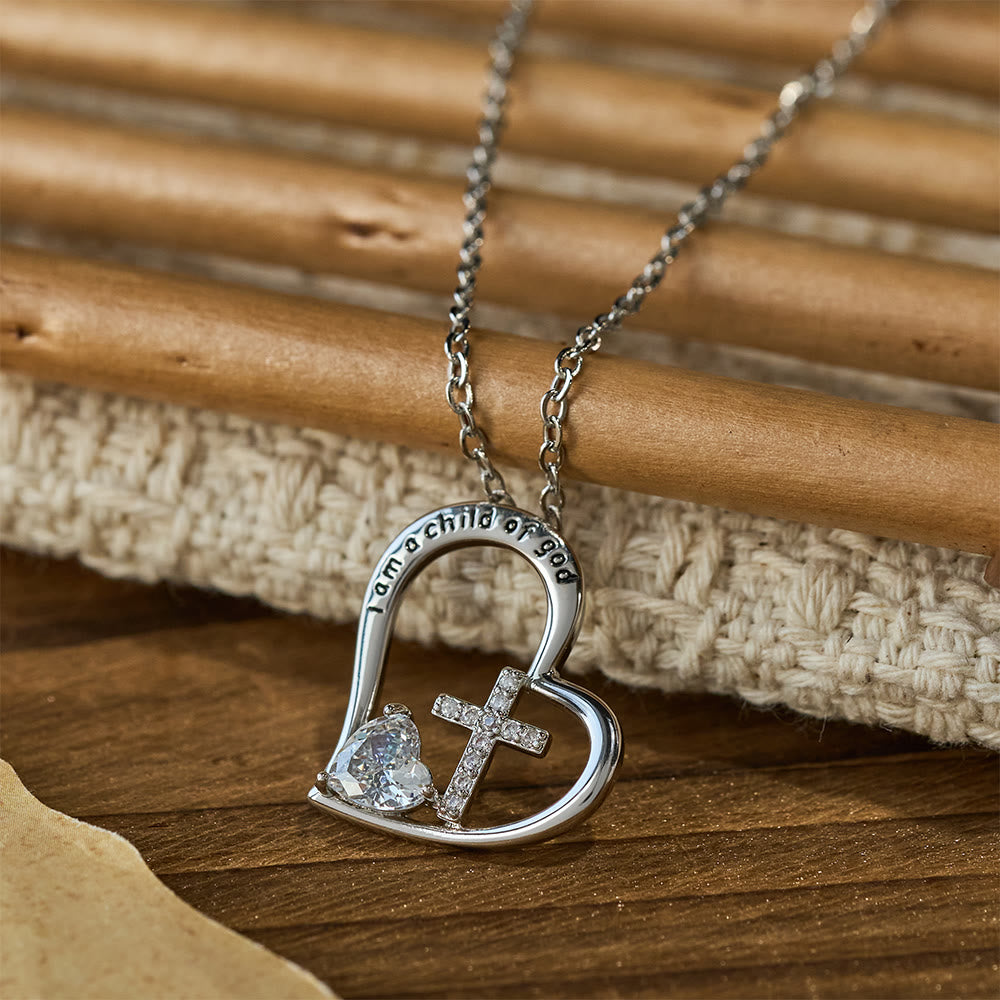 I Am a Child of God Heart Cross Necklace with Zircon Accents