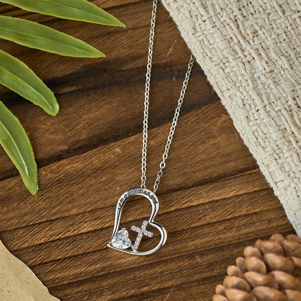 I Am a Child of God Heart Cross Necklace with Zircon Accents