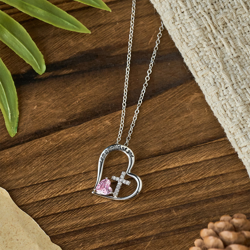 I Am a Child of God Heart Cross Necklace with Zircon Accents