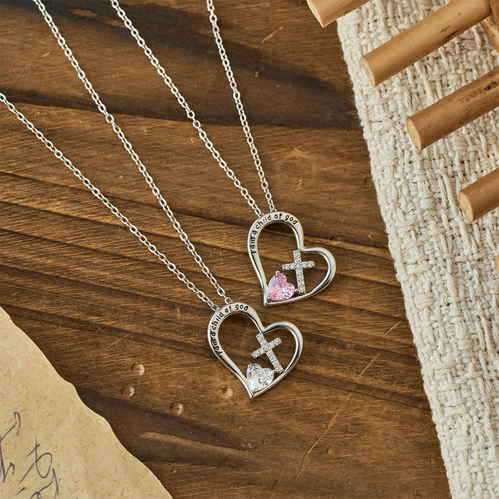 I Am a Child of God Heart Cross Necklace with Zircon Accents