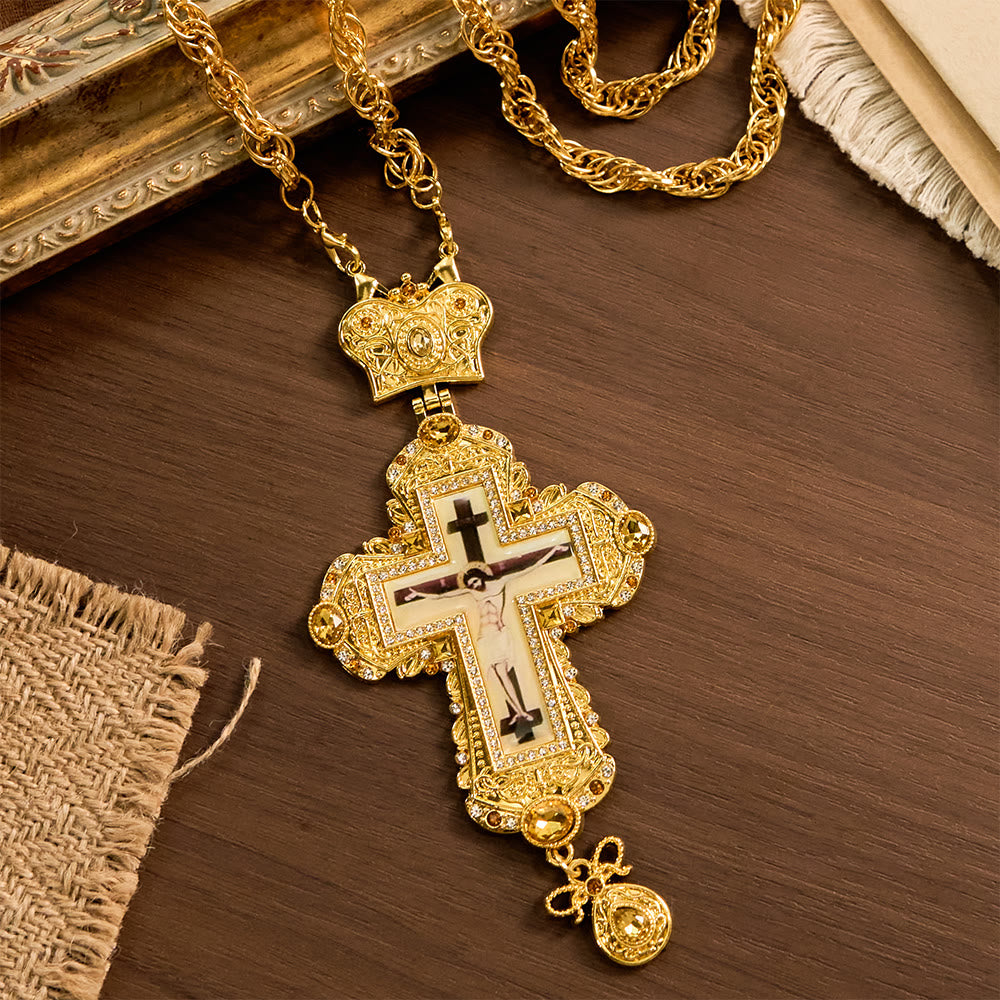 Ornate Large Pectoral Crucifix Necklace with Crown Accent