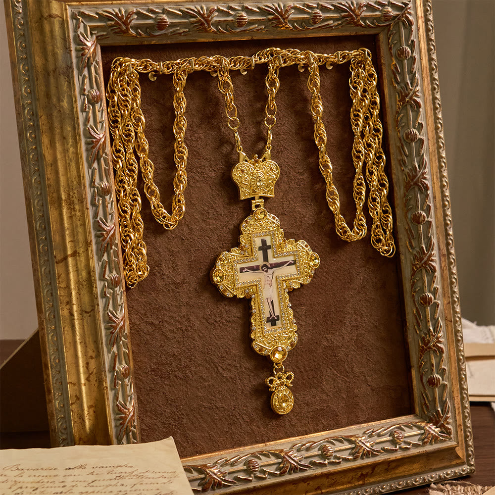 Ornate Large Pectoral Crucifix Necklace with Crown Accent