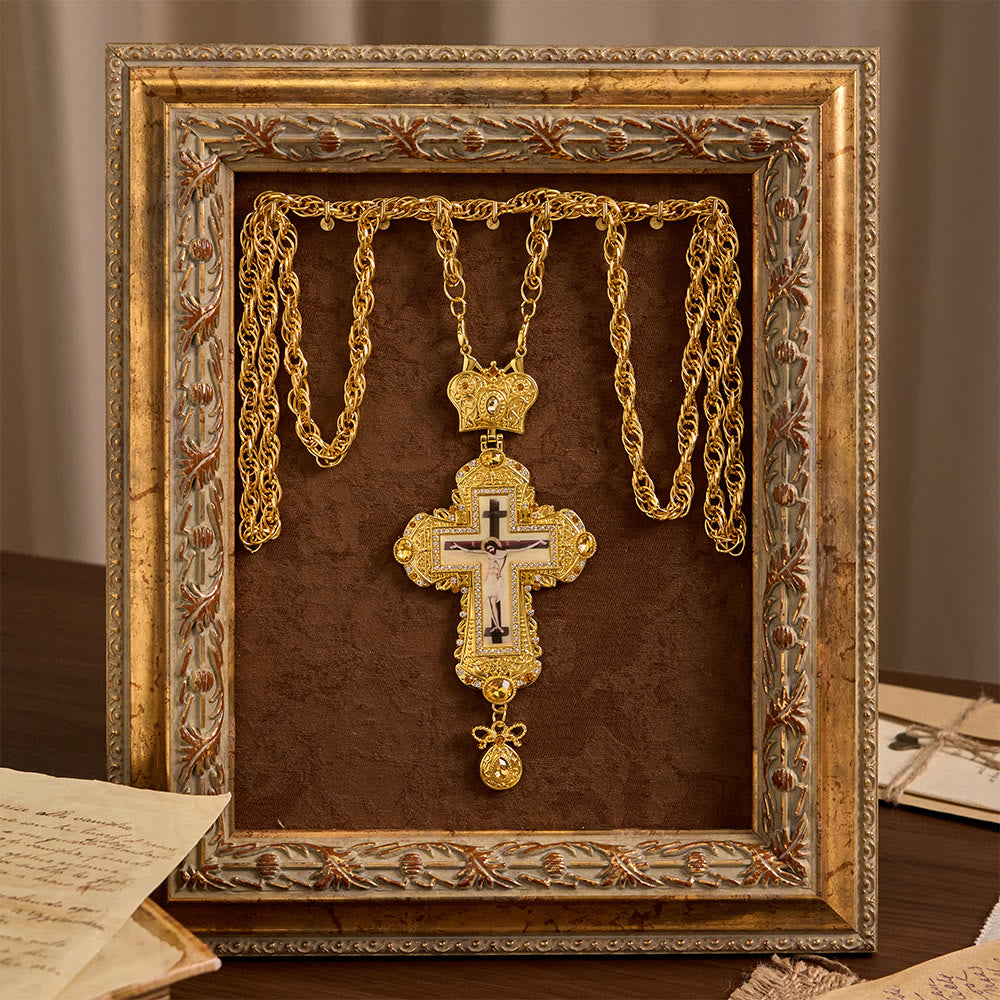 Ornate Large Pectoral Crucifix Necklace with Crown Accent