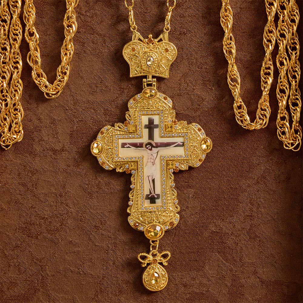 Ornate Large Pectoral Crucifix Necklace with Crown Accent