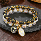 Dual-Tone Acrylic Cross Bead Bracelet with Enamel Cross Charm