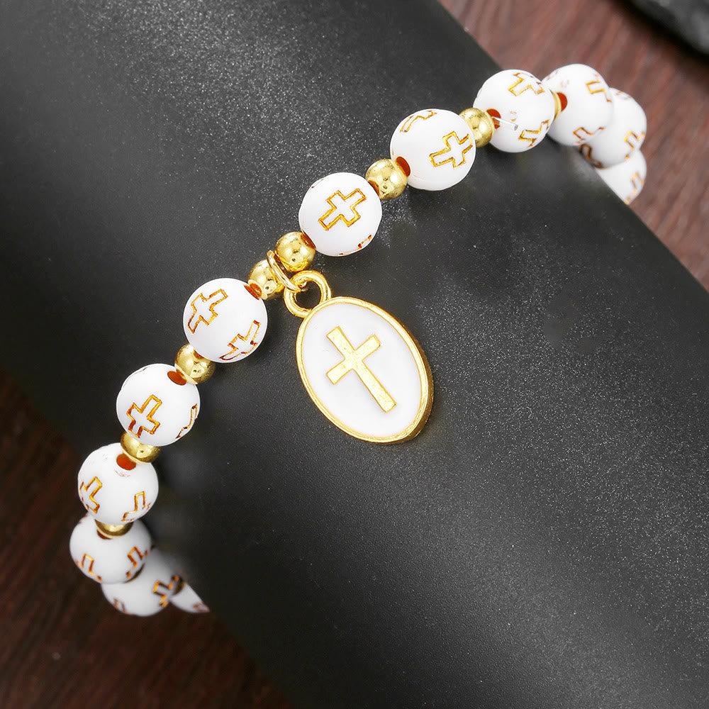 Dual-Tone Acrylic Cross Bead Bracelet with Enamel Cross Charm