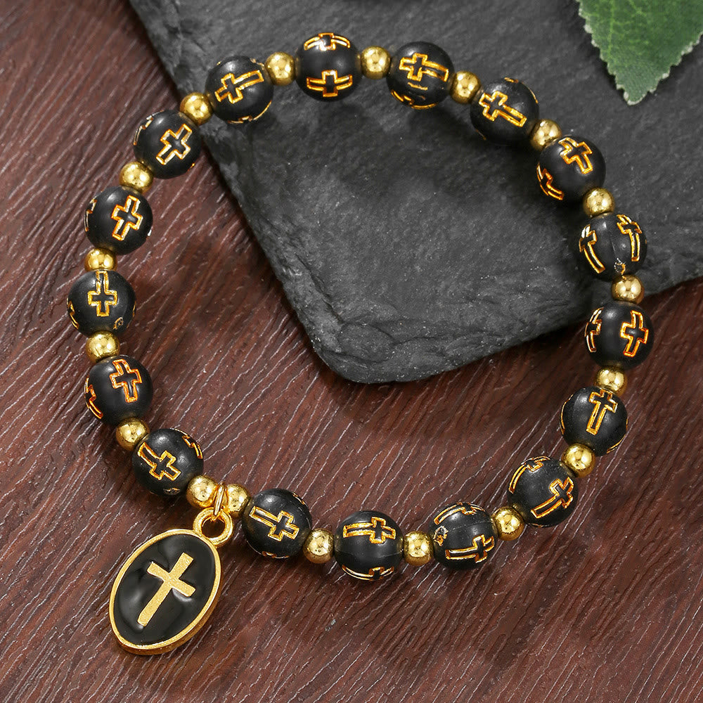 Dual-Tone Acrylic Cross Bead Bracelet with Enamel Cross Charm