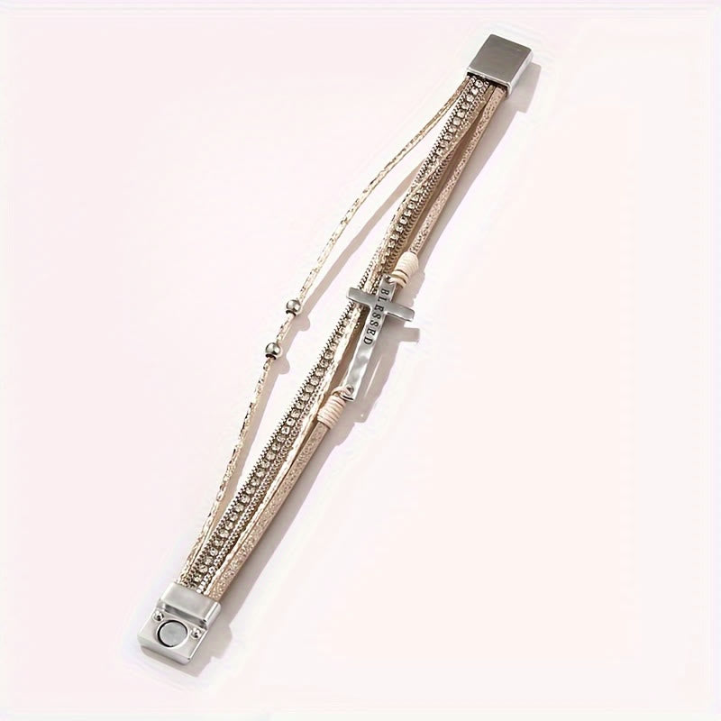 Multi-Layer BLESSED Cross Leather Bracelet with Zircon