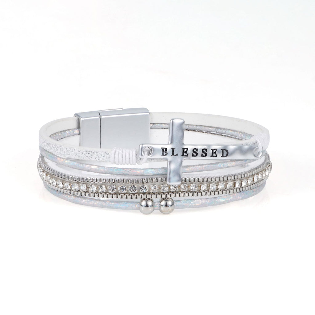 Multi-Layer BLESSED Cross Leather Bracelet with Zircon