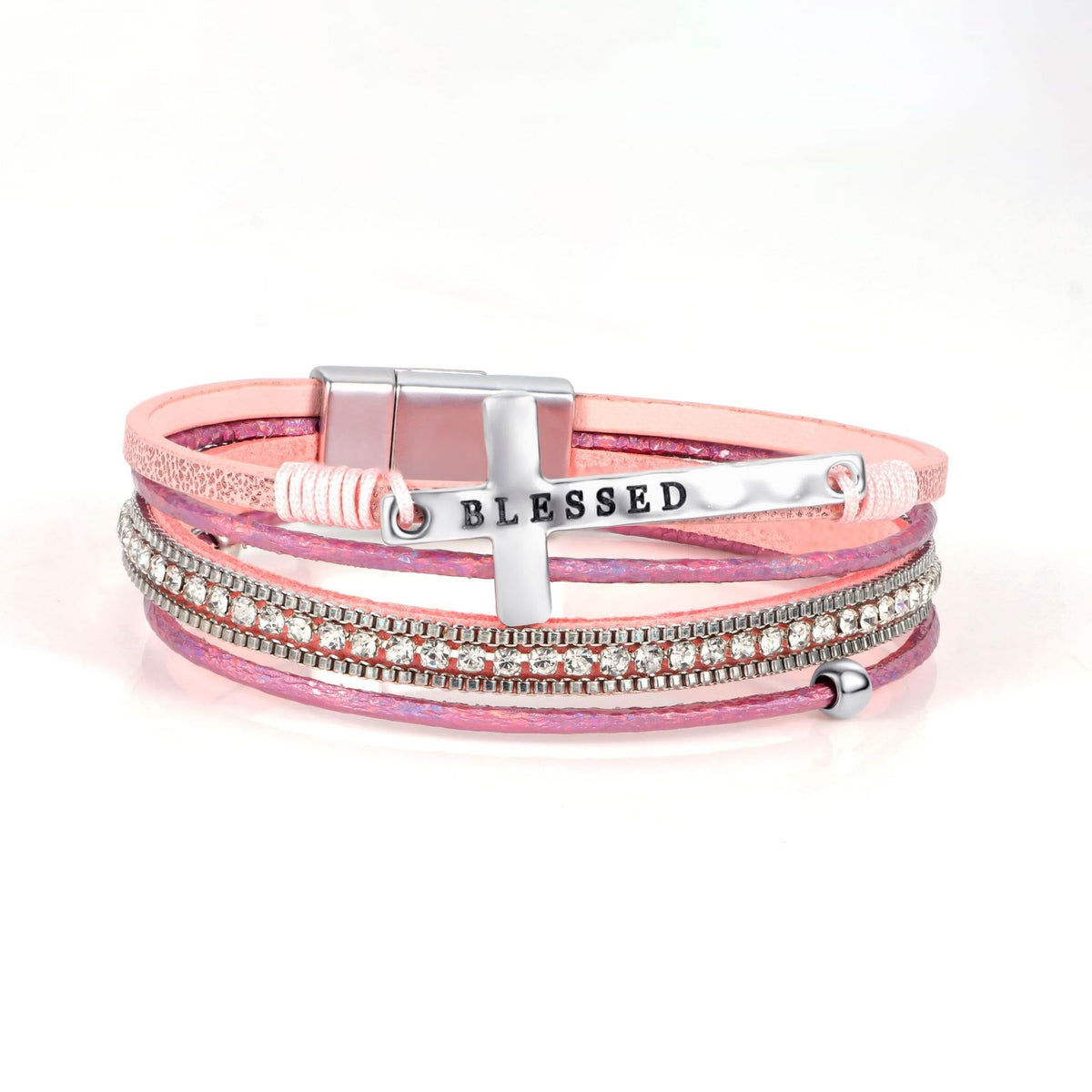 Multi-Layer BLESSED Cross Leather Bracelet with Zircon