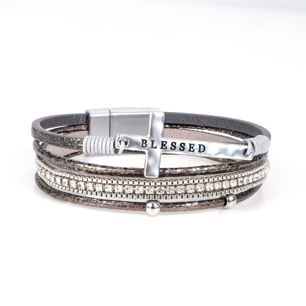Multi-Layer BLESSED Cross Leather Bracelet with Zircon