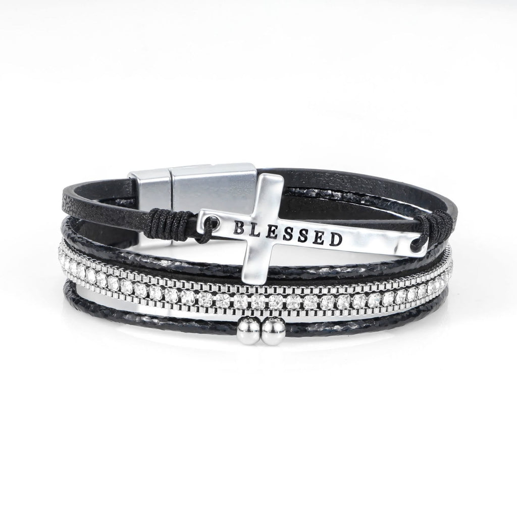 Multi-Layer BLESSED Cross Leather Bracelet with Zircon