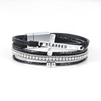 Multi-Layer BLESSED Cross Leather Bracelet with Zircon