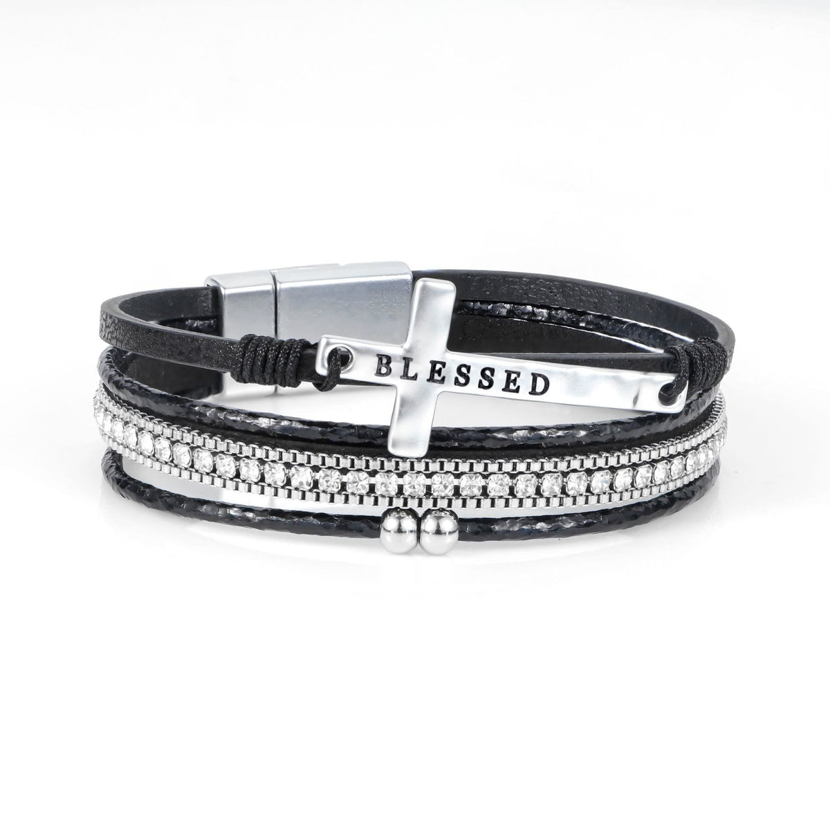 Multi-Layer BLESSED Cross Leather Bracelet with Zircon