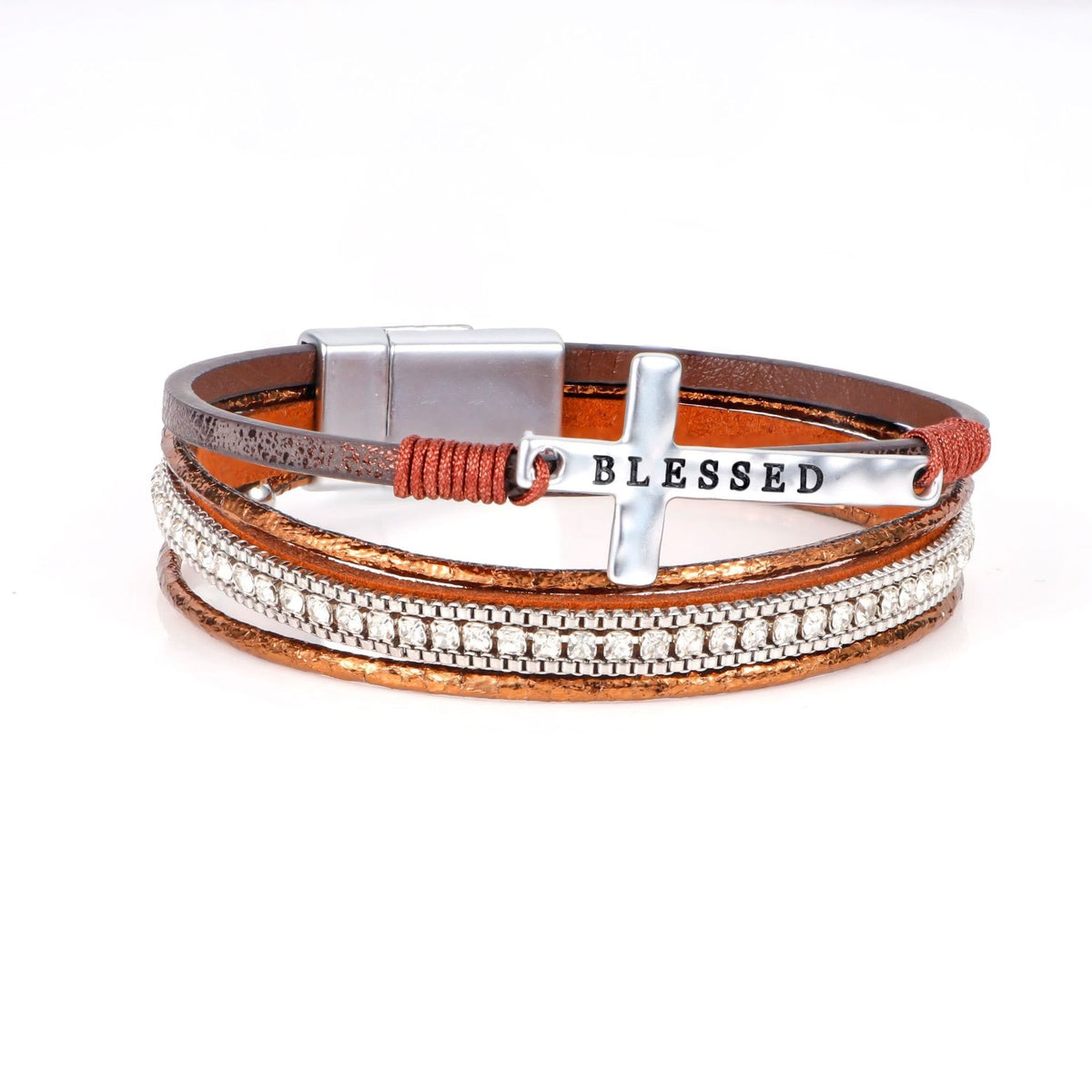 Multi-Layer BLESSED Cross Leather Bracelet with Zircon