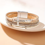 Multi-Layer BLESSED Cross Leather Bracelet with Zircon