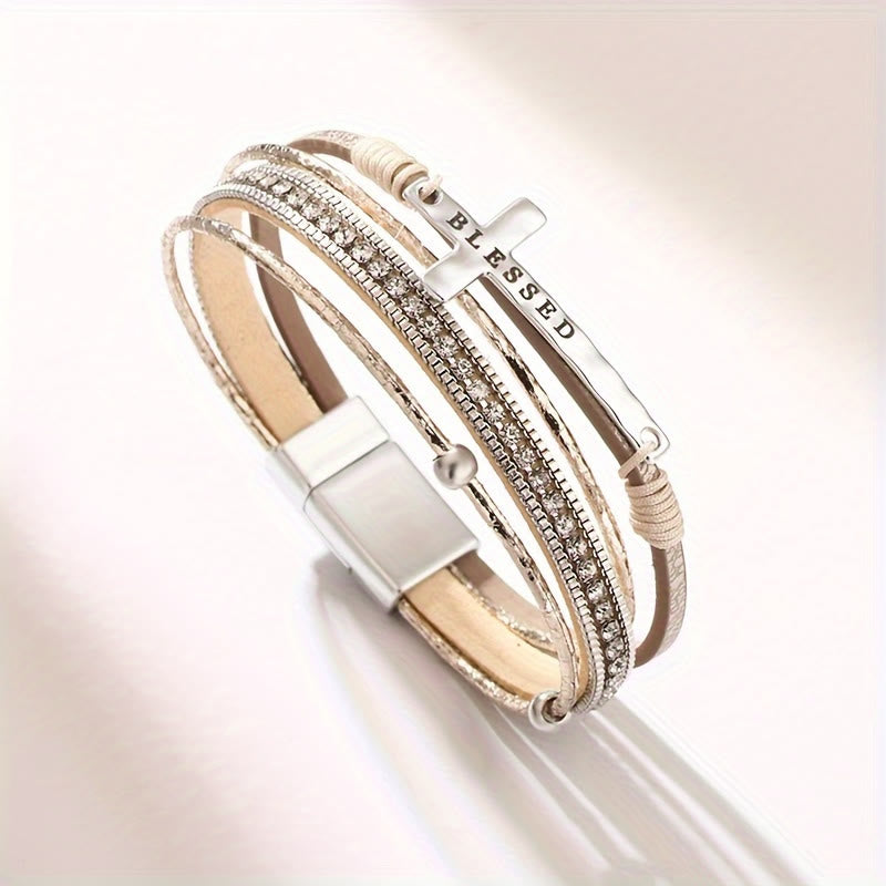 Multi-Layer BLESSED Cross Leather Bracelet with Zircon