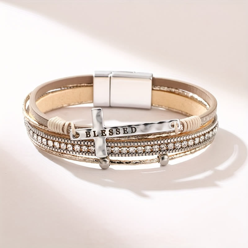 Multi-Layer BLESSED Cross Leather Bracelet with Zircon