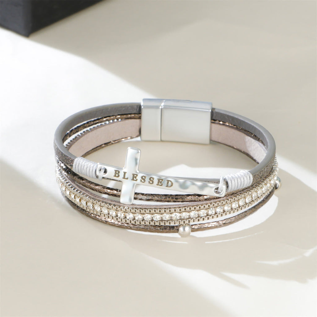 Multi-Layer BLESSED Cross Leather Bracelet with Zircon
