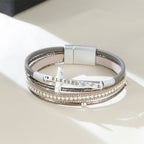 Multi-Layer BLESSED Cross Leather Bracelet with Zircon