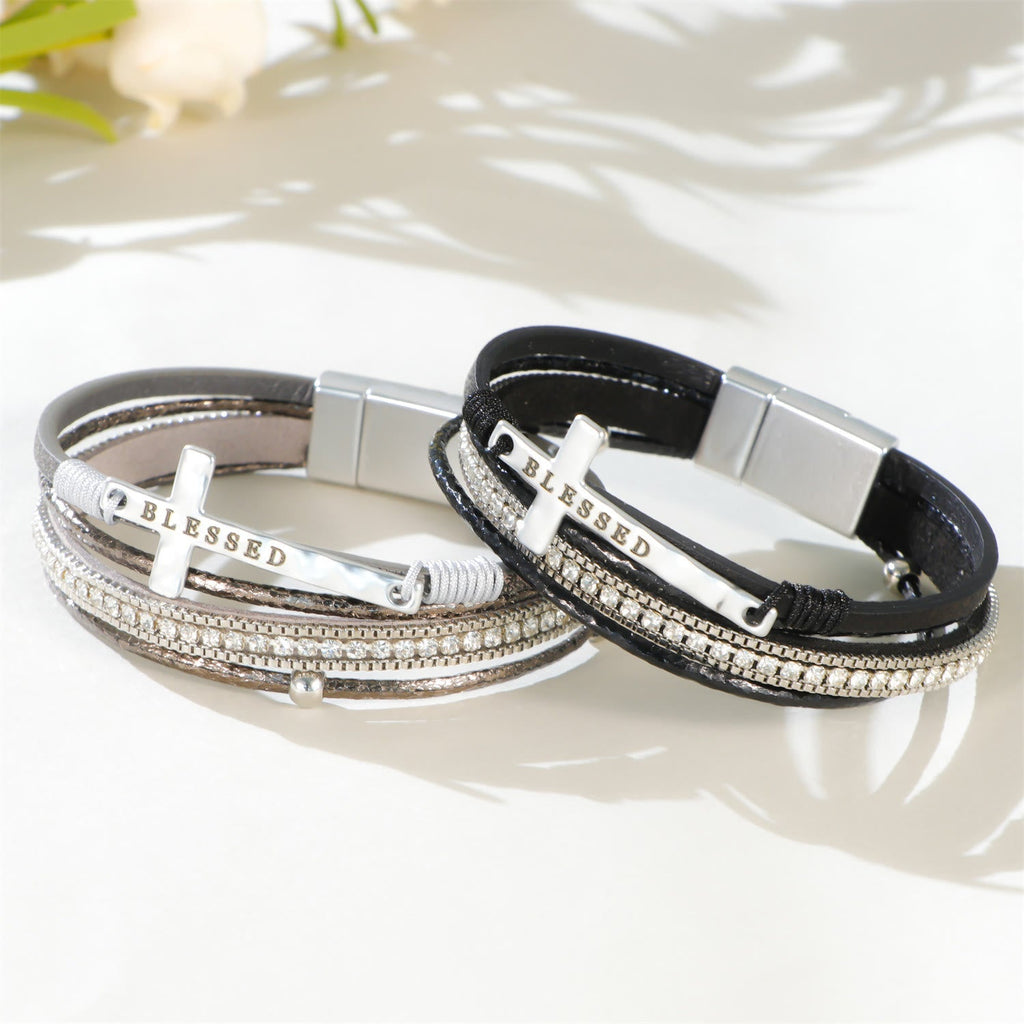 Multi-Layer BLESSED Cross Leather Bracelet with Zircon