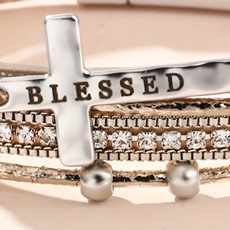 Multi-Layer BLESSED Cross Leather Bracelet with Zircon