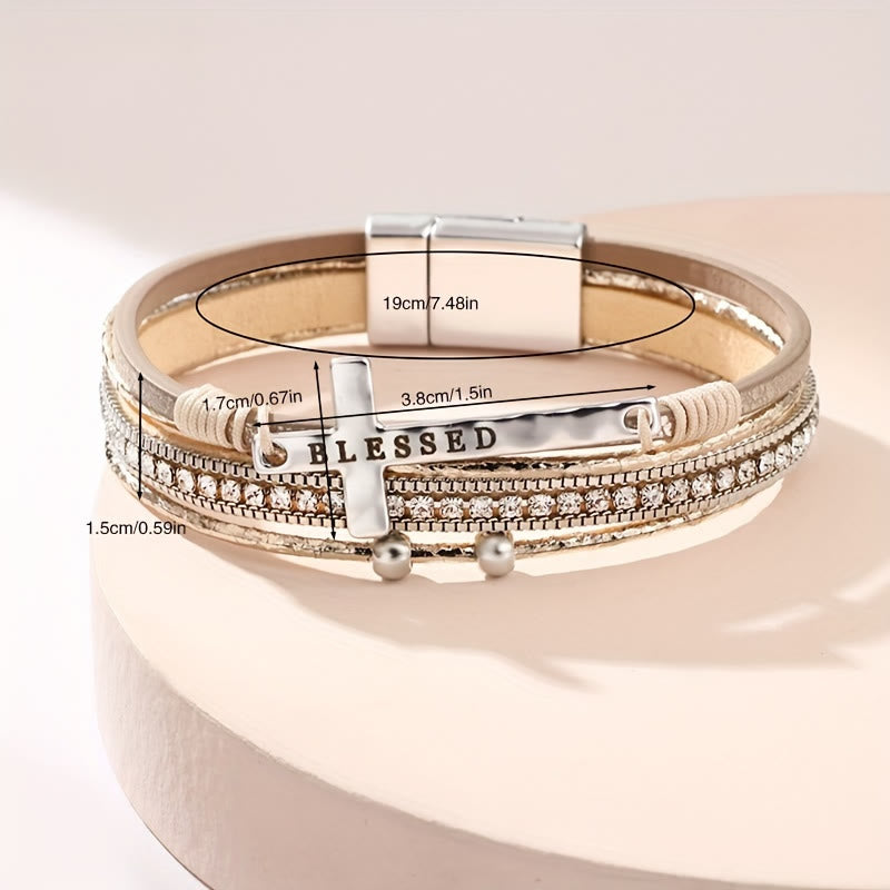 Multi-Layer BLESSED Cross Leather Bracelet with Zircon