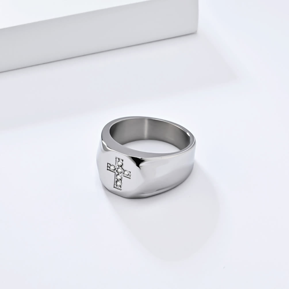 Tri-Finish Thick Band Cross Zircon Ring
