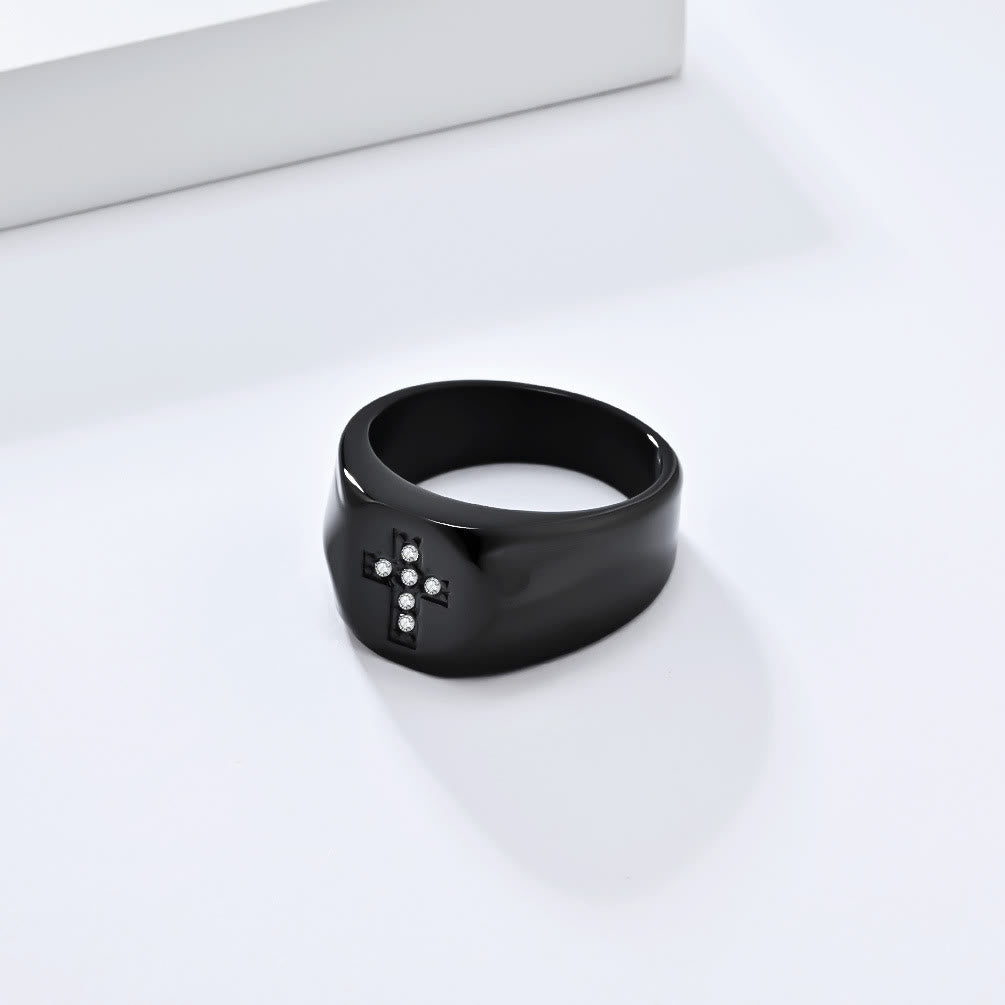 Tri-Finish Thick Band Cross Zircon Ring