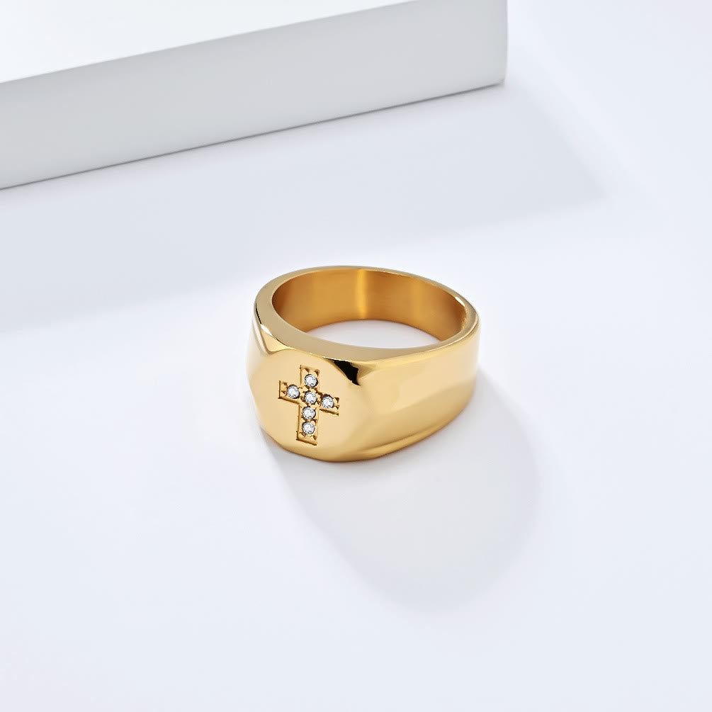 Tri-Finish Thick Band Cross Zircon Ring
