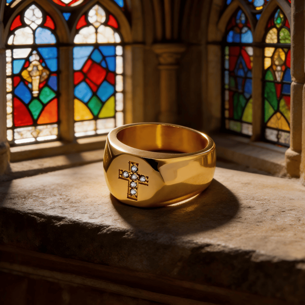 Tri-Finish Thick Band Cross Zircon Ring