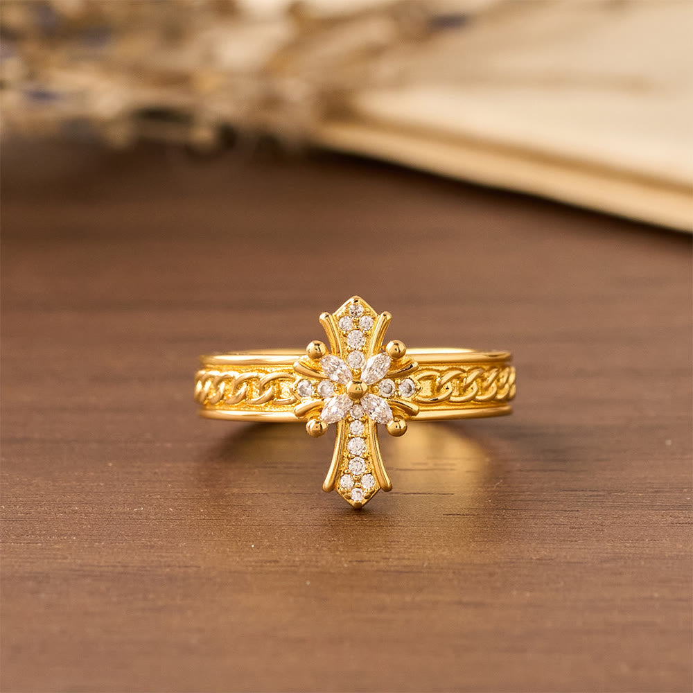 Zircon Cross Enamel Fleur-de-Lis Ring Set