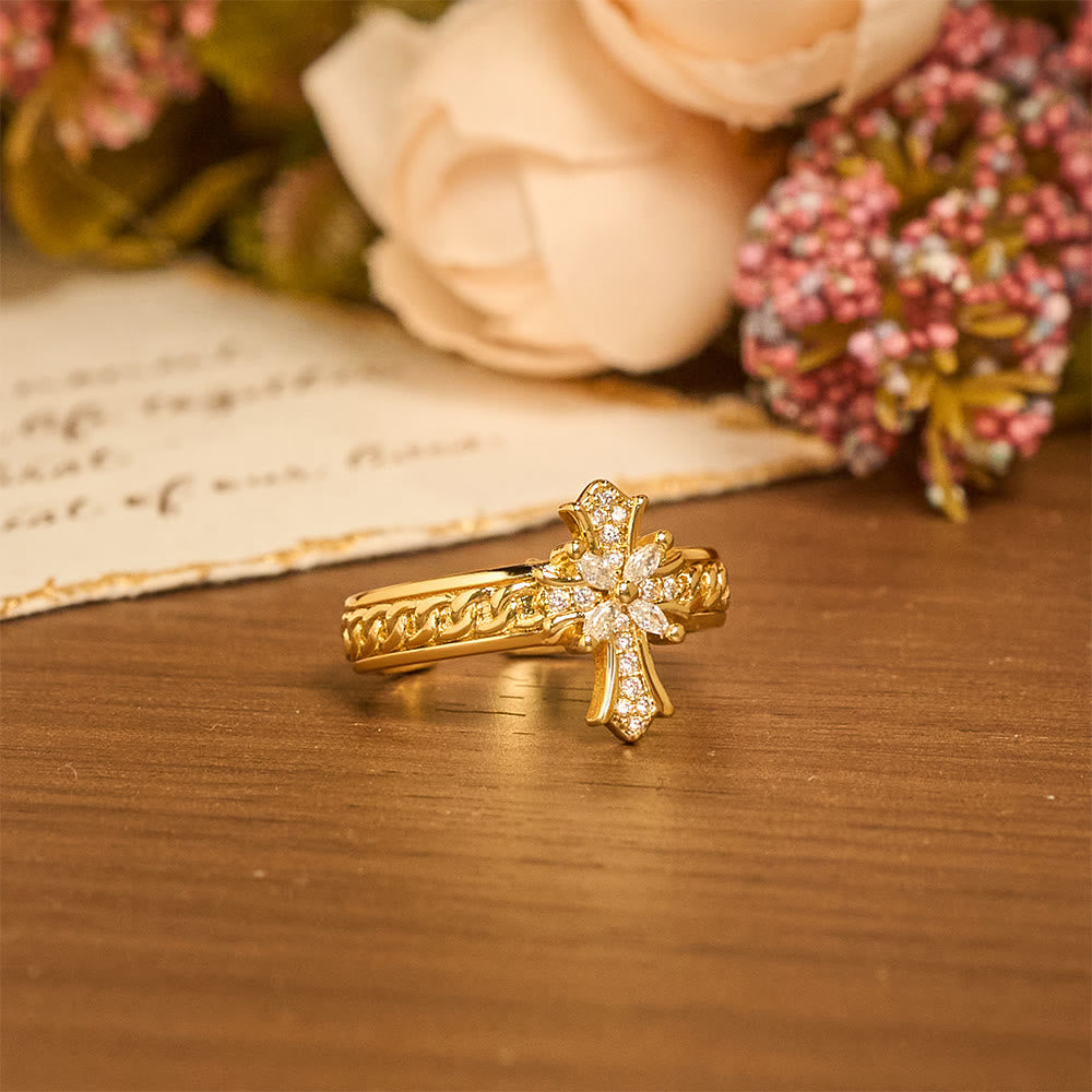Zircon Cross Enamel Fleur-de-Lis Ring Set