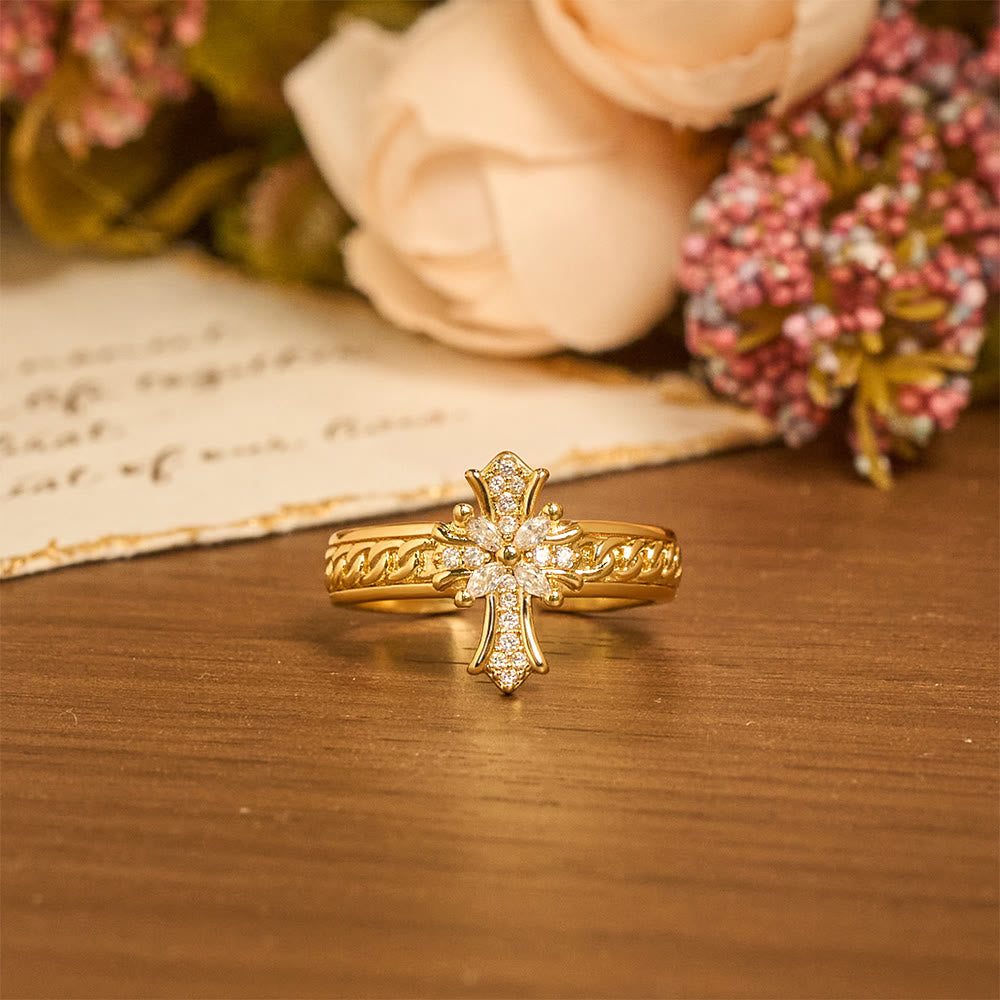 Zircon Cross Enamel Fleur-de-Lis Ring Set