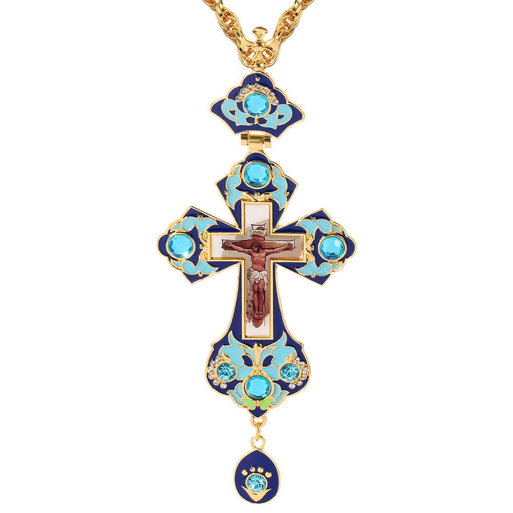 Gem-Adorned Ornate Orthodox Cross Pendant Necklace