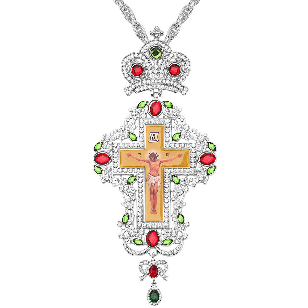 Gem-Adorned Ornate Orthodox Cross Pendant Necklace