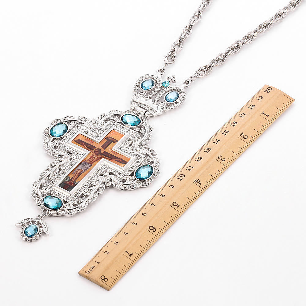Gem-Adorned Ornate Orthodox Cross Pendant Necklace
