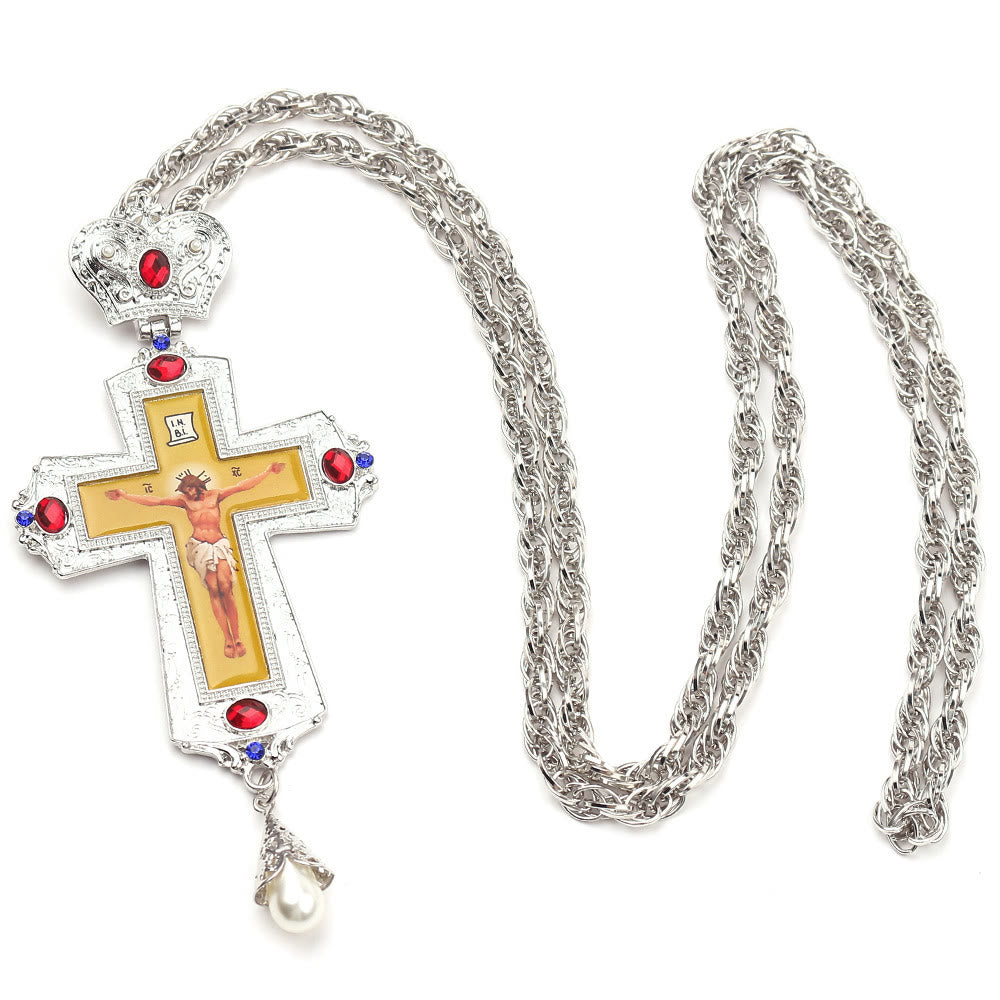 Gem-Adorned Ornate Orthodox Cross Pendant Necklace